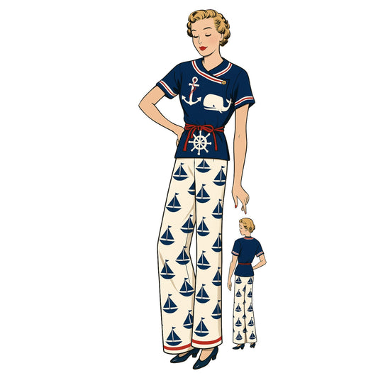 Woman wearing nautical beach pajamas made from a 1930s Bestway 11317 sewing pattern