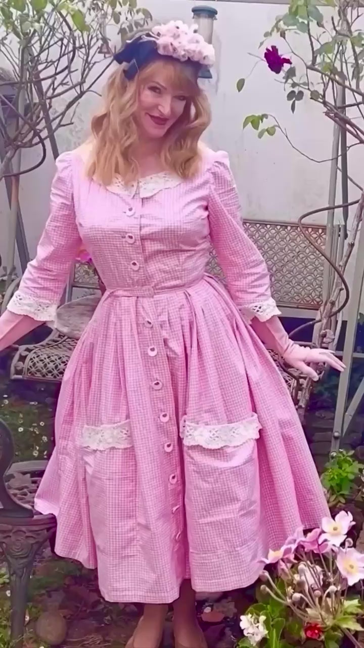 Video of lady in pink gingham Bridgitte Bardor Dress
