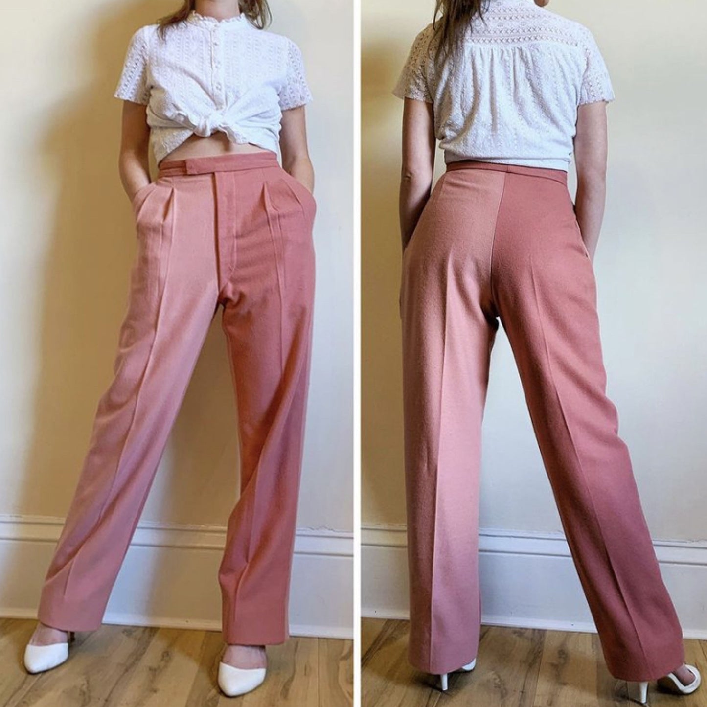 Woman wering two toned slacks made from man's 1950s trouser pattern. Front and back views.