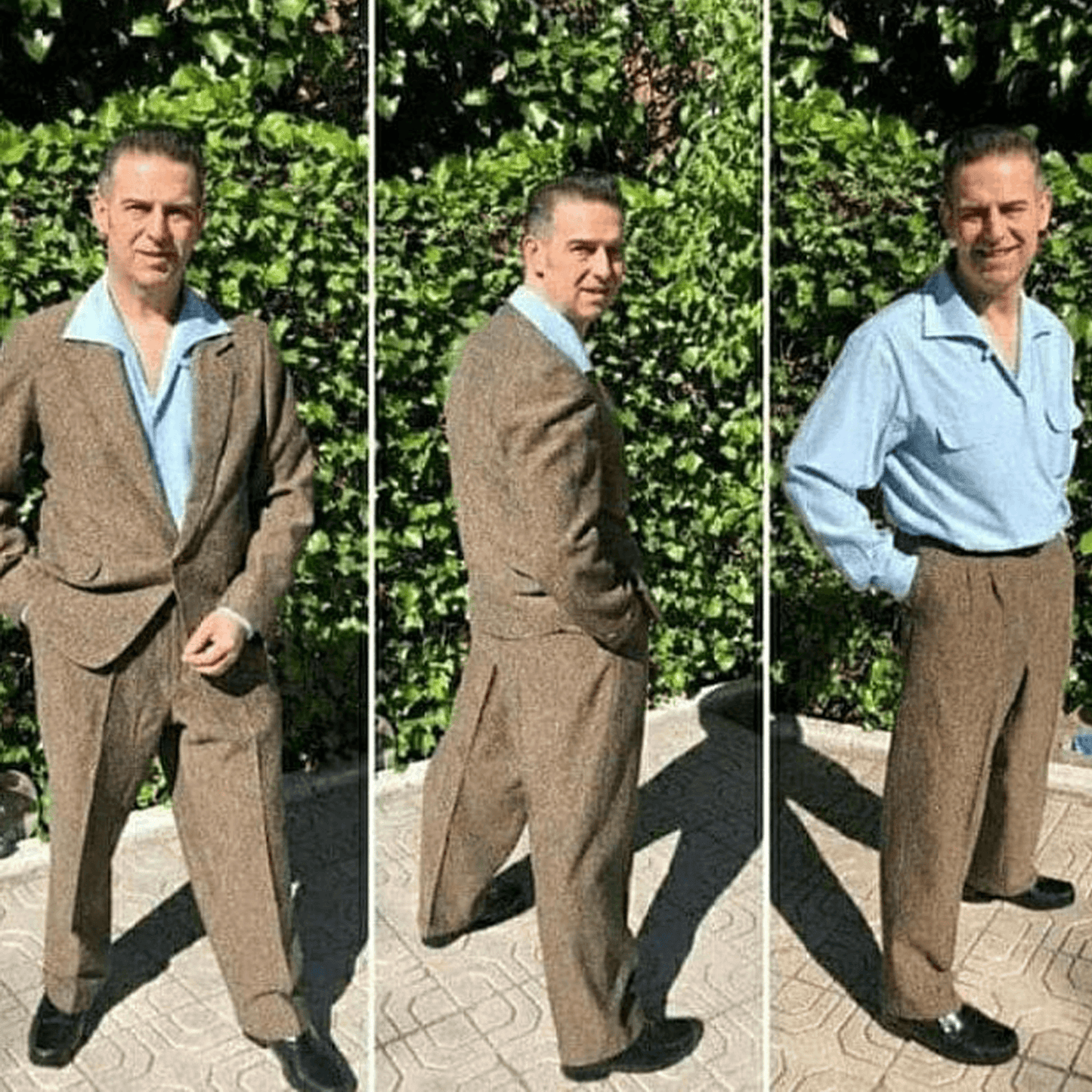 Man wearing brown tweed 1950s slacks with a blue rockabilly shirt and tweed jacket