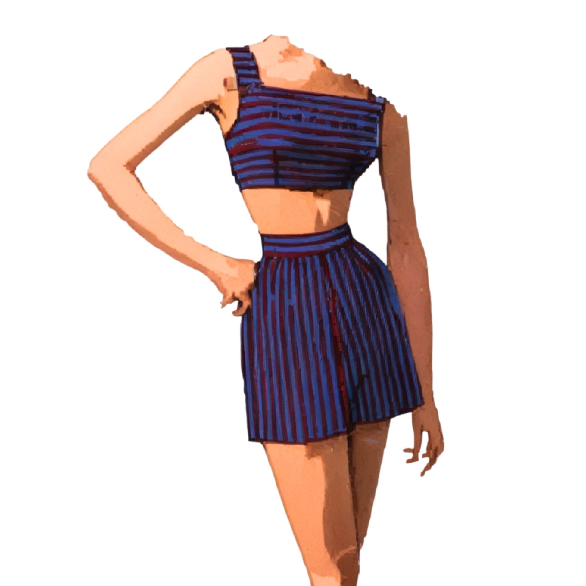 Blue and red striped two-piece outfit on a white background