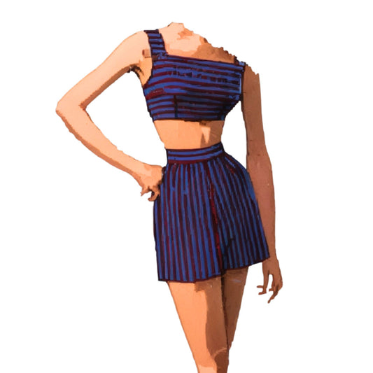 Blue and red striped two-piece outfit on a white background