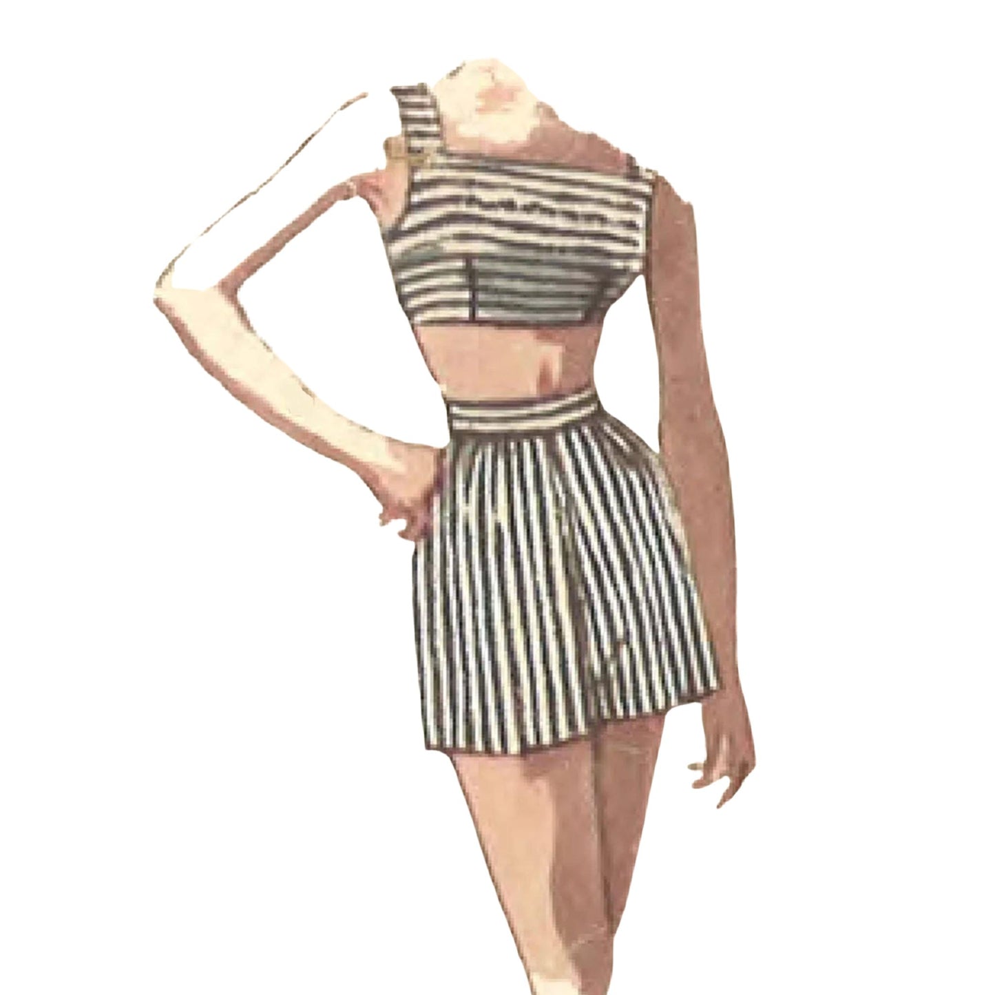 Black and white striped two-piece outfit on a mannequin against a white background