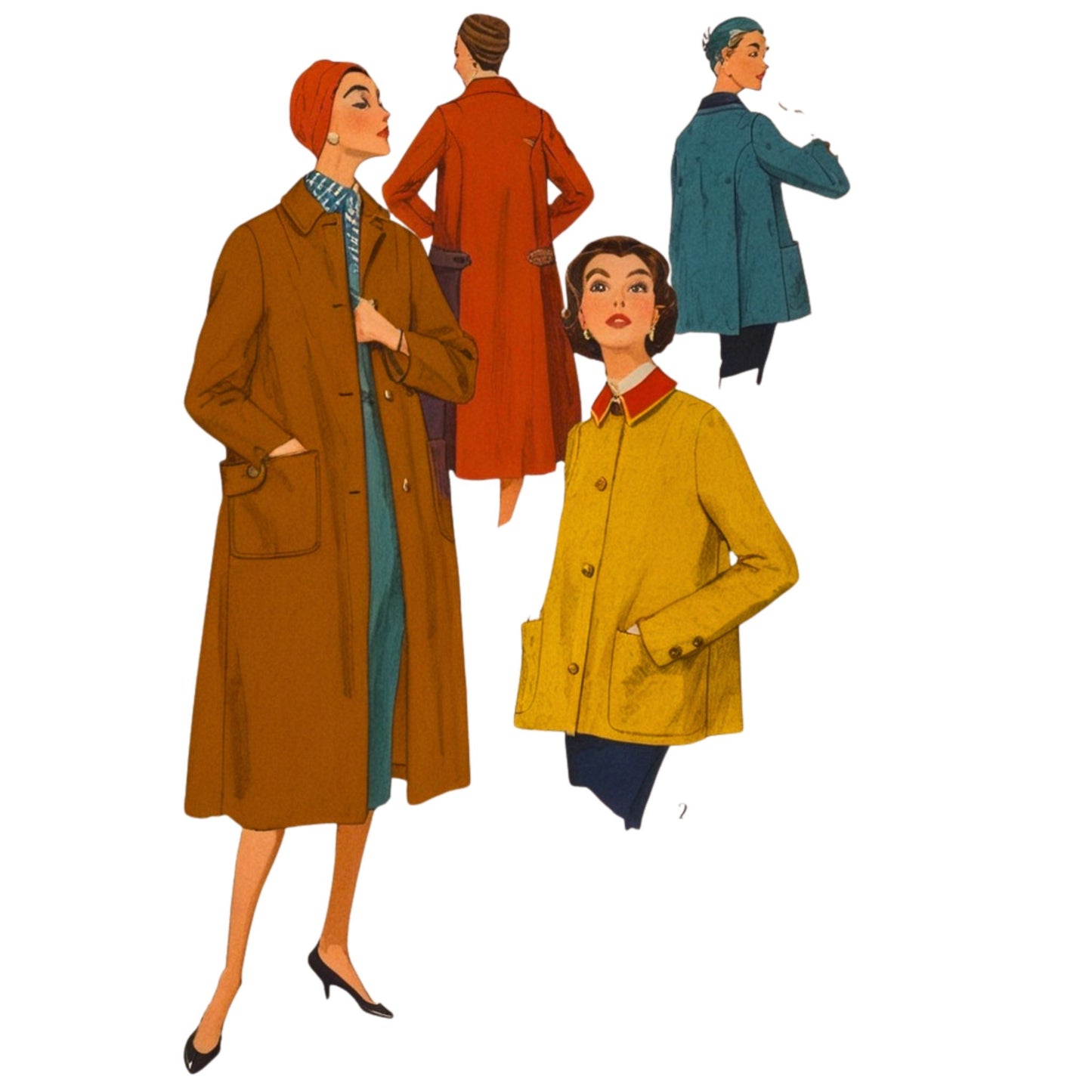 Women wearing a coat and a jacket, front and back views.