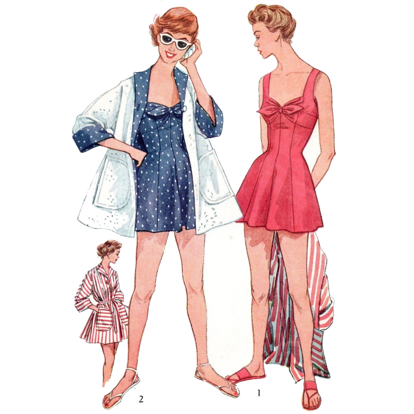 Model wearing one-piece bathing suit and beach coat made from Simplicity 4307 pattern