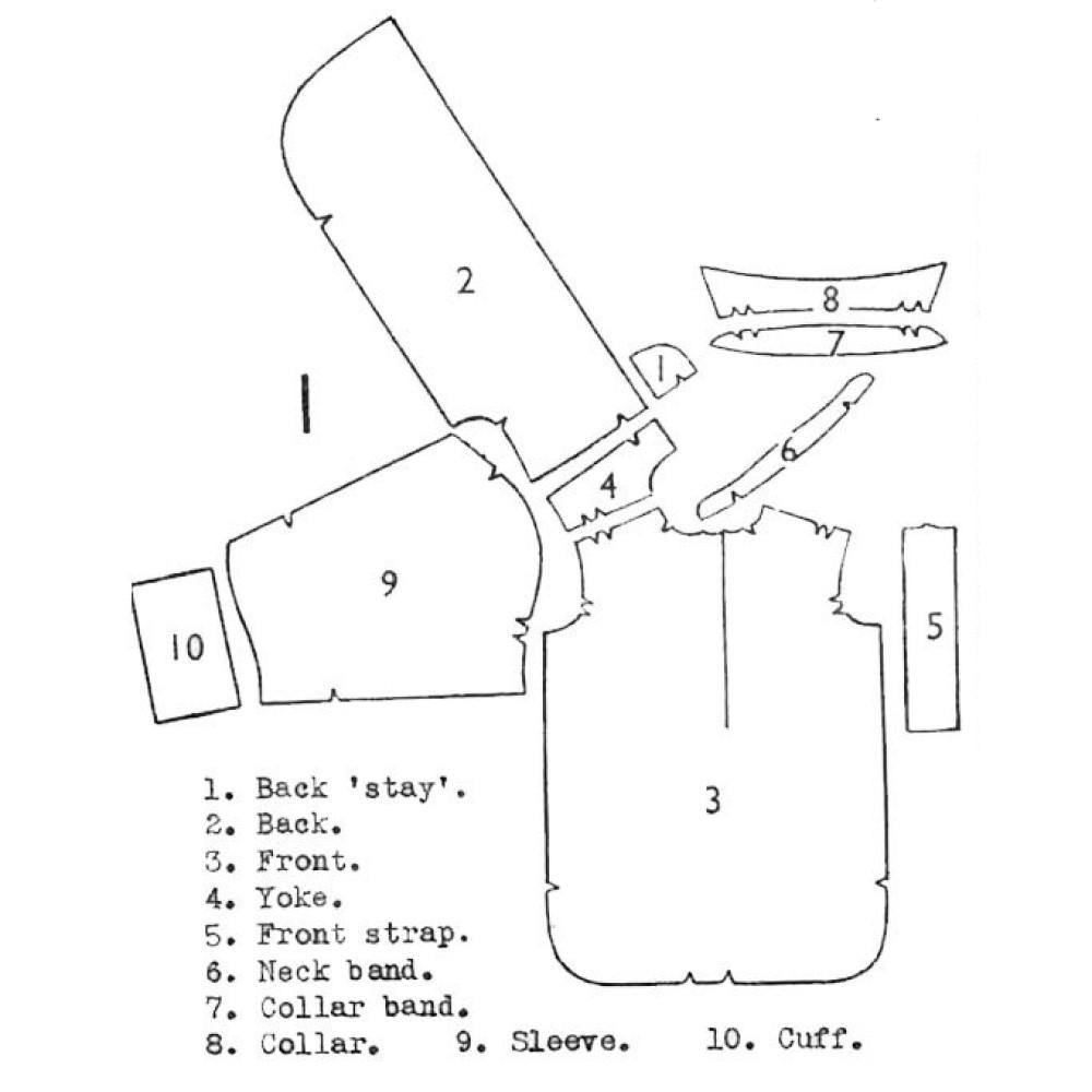 Line drawing of all pattern pieces included in "1940s Pattern, WWII Men's Shirt"