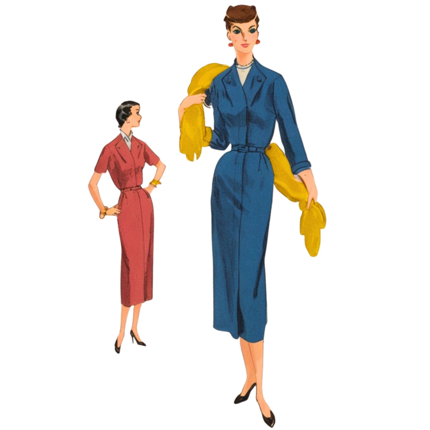 Illustration of two women in vintage outfits with a white background