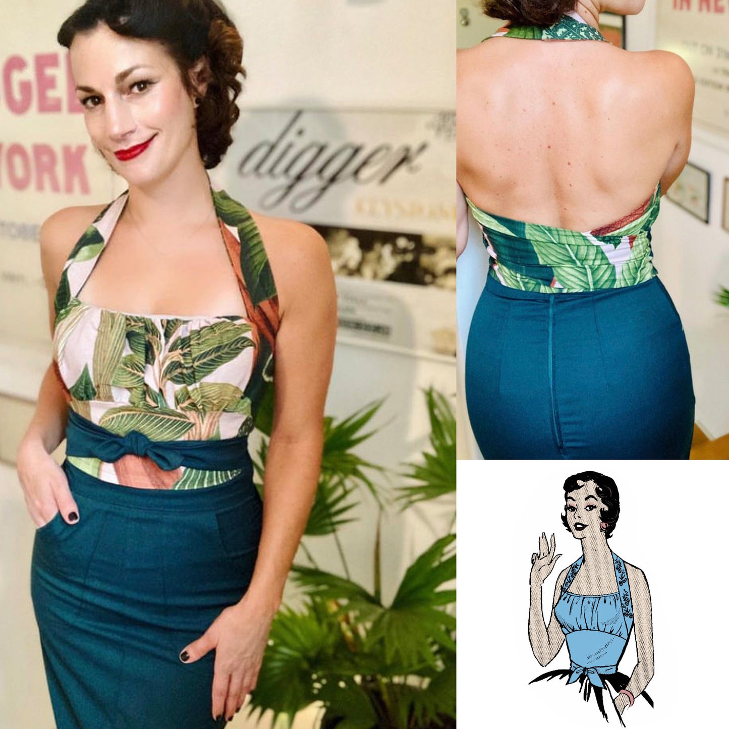 Model wearing tropical leaf print halter neck top with tie coordinated with pencil skirt. Front view, back view and original illustration in blue.
