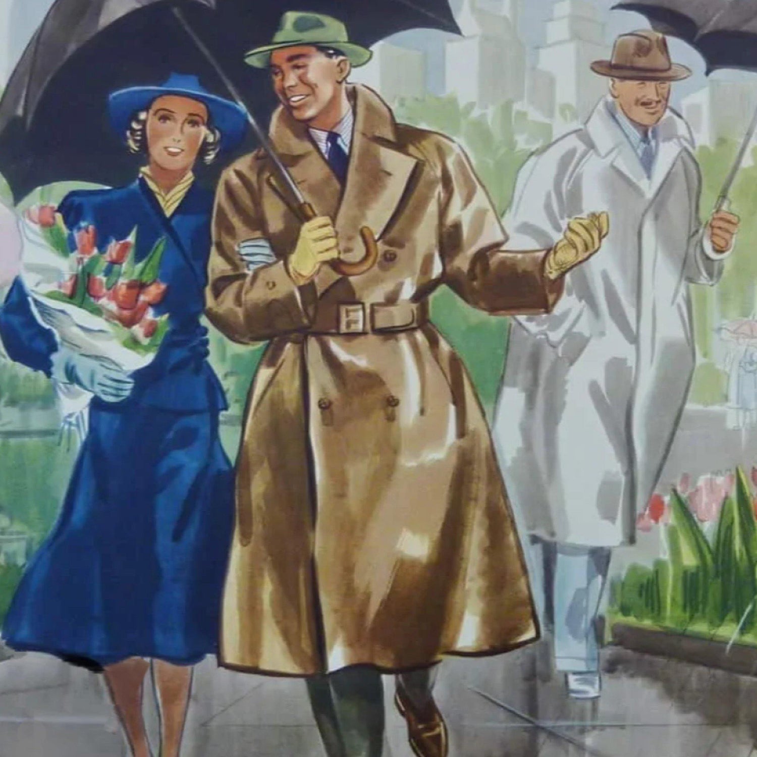 Man in brown overcoat centre holding a black umbrella and wearing a green trilby hat talking whilst being linked to a lady in a blue skirt suit and hat holding a bunch of tulips. A man in a light grey overcoat walks behind also carrying a black umbrella. A city can be seen in the distance.