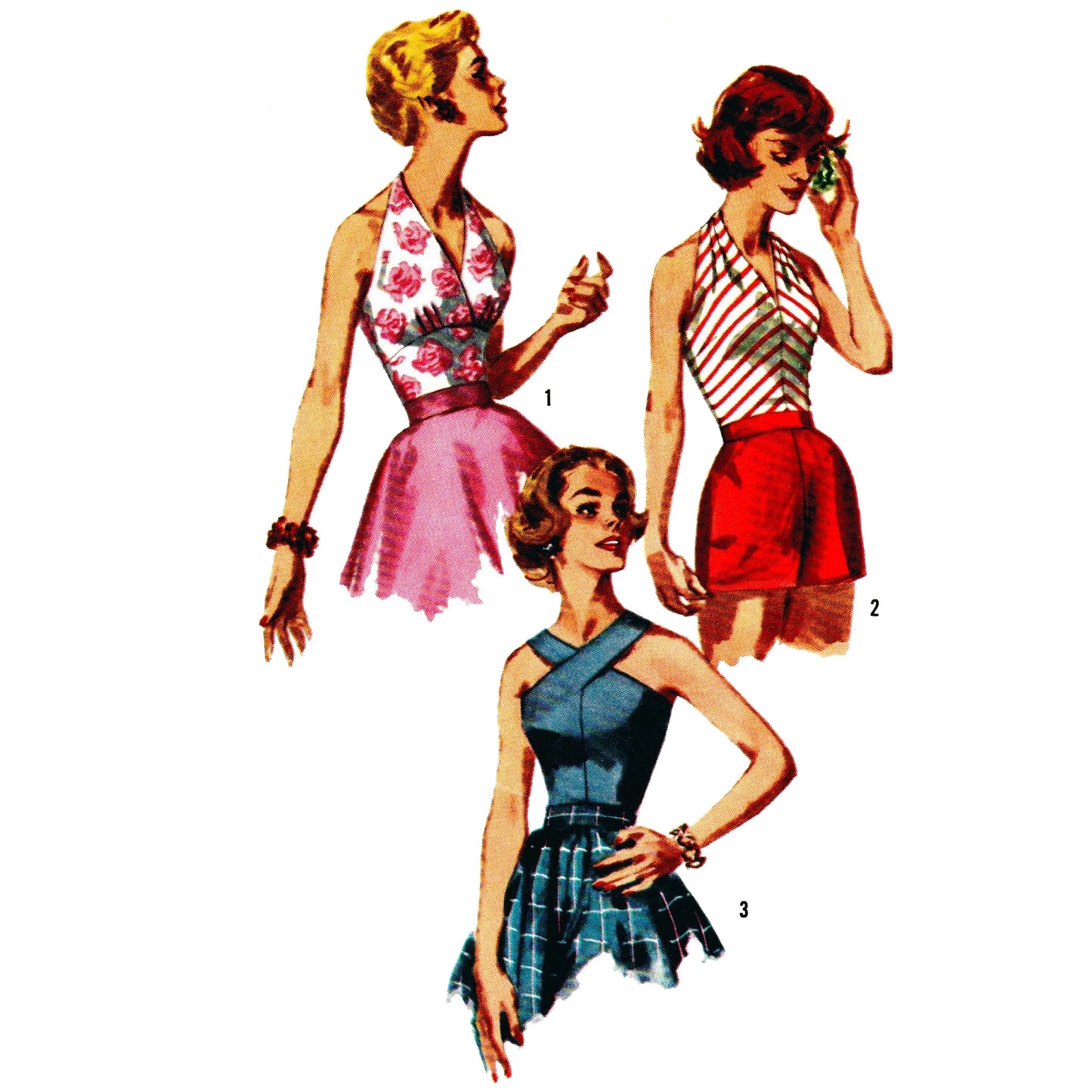 Model wearing set of halter blouses made from Simplicity 2086 pattern