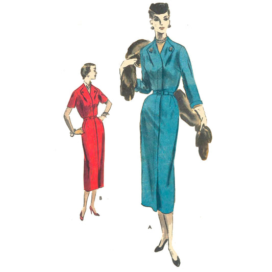 Model wearing a slim fitting 1950s dress made from Vogue 4444 sewing pattern