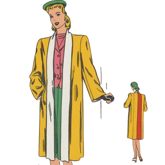 Illustration of a woman wearing a yellow coat with a green hat and pink shirt, on a white background.
