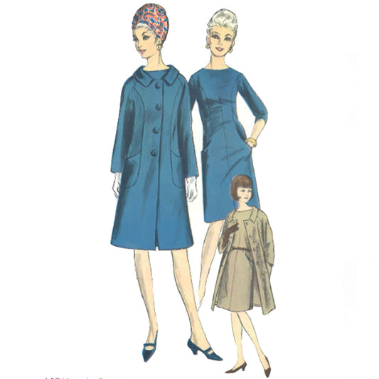 3 women wearing dress and coat made from Vogue pattern 6384