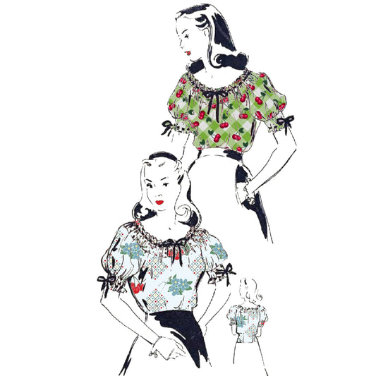 Illustration, two women face forwards wearing blouse, and one woman facing backwards wearing blouse.