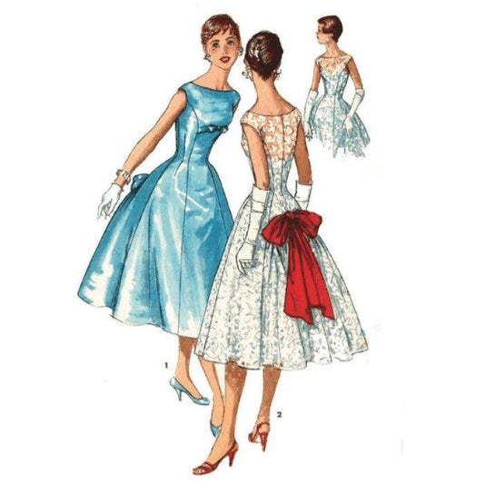 Models wearing gowns ib blue and in white with bow detail to back and front, made from Simplicity 1677 sewing pattern