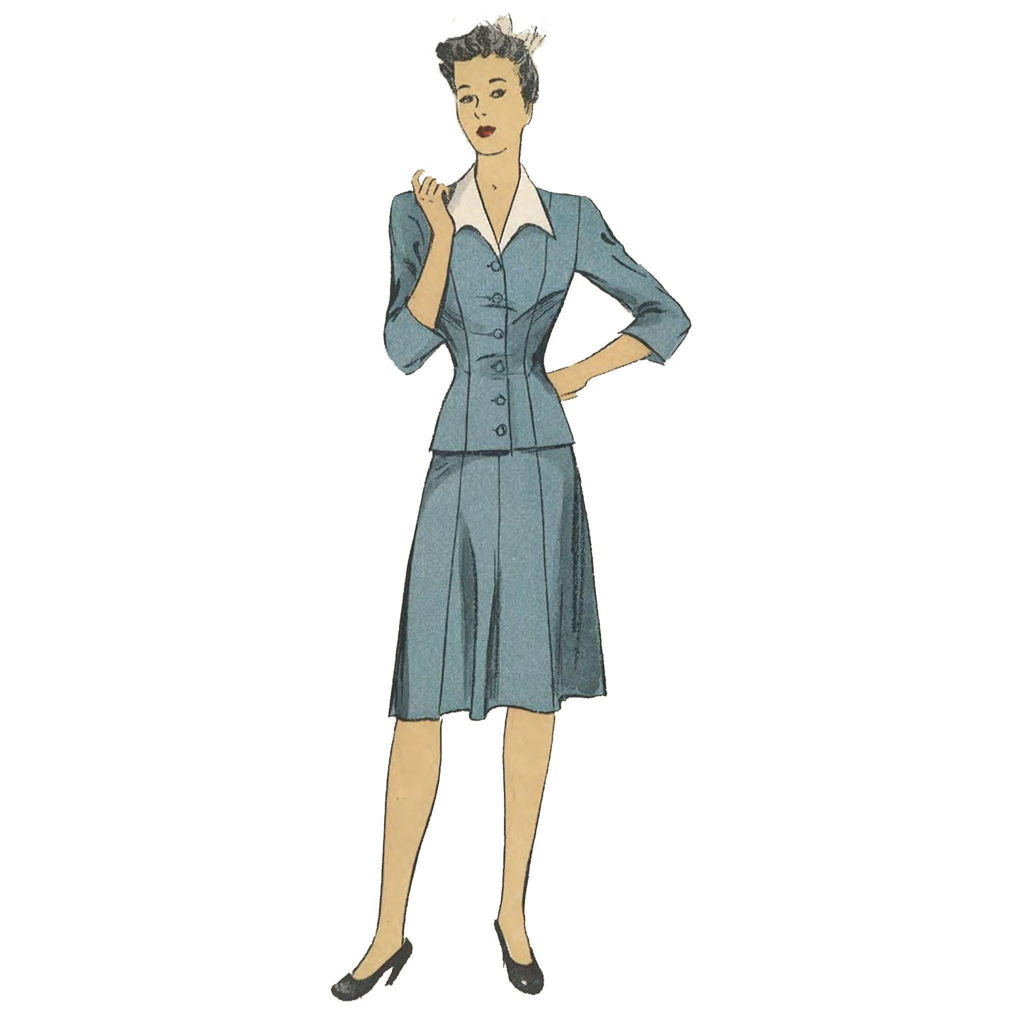 Woman wearing 1940s 2 piece dress.
