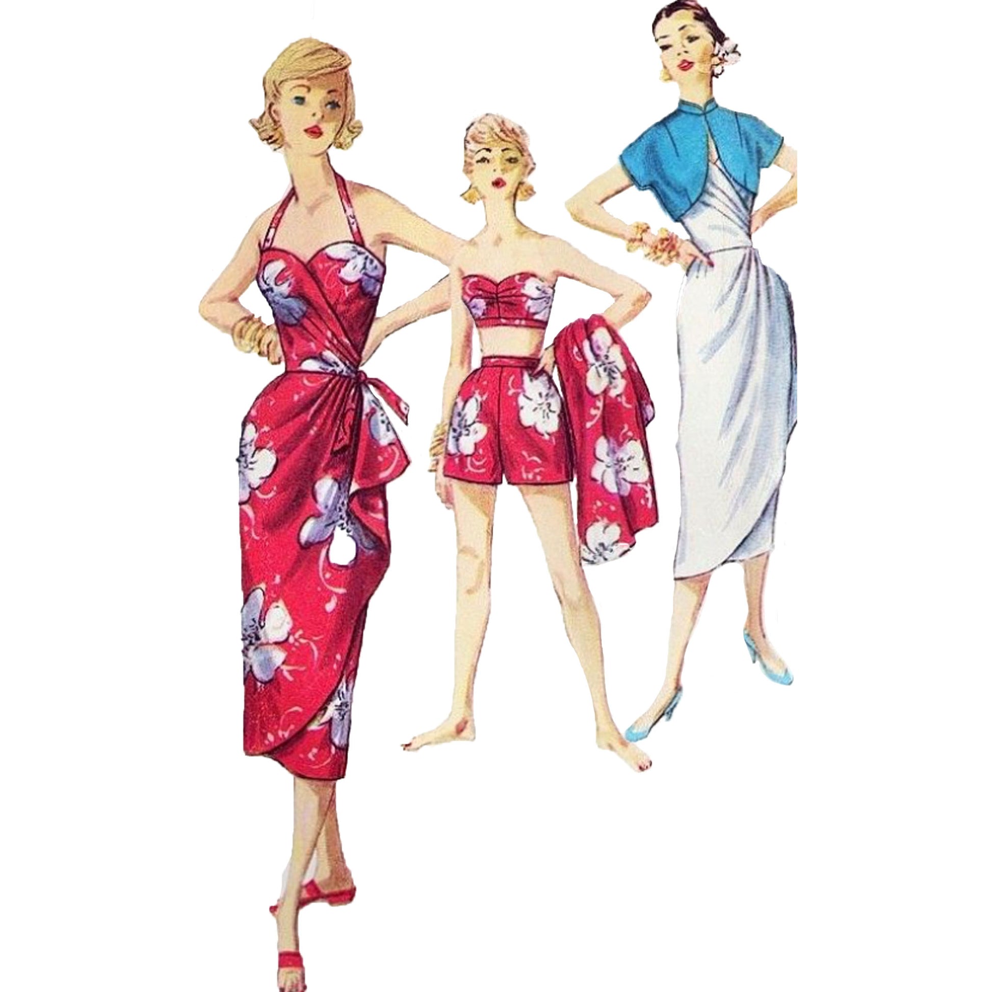 Model wearing 1950s sarong dress, jacket, bra and shorts made from Simplicity 1168 pattern