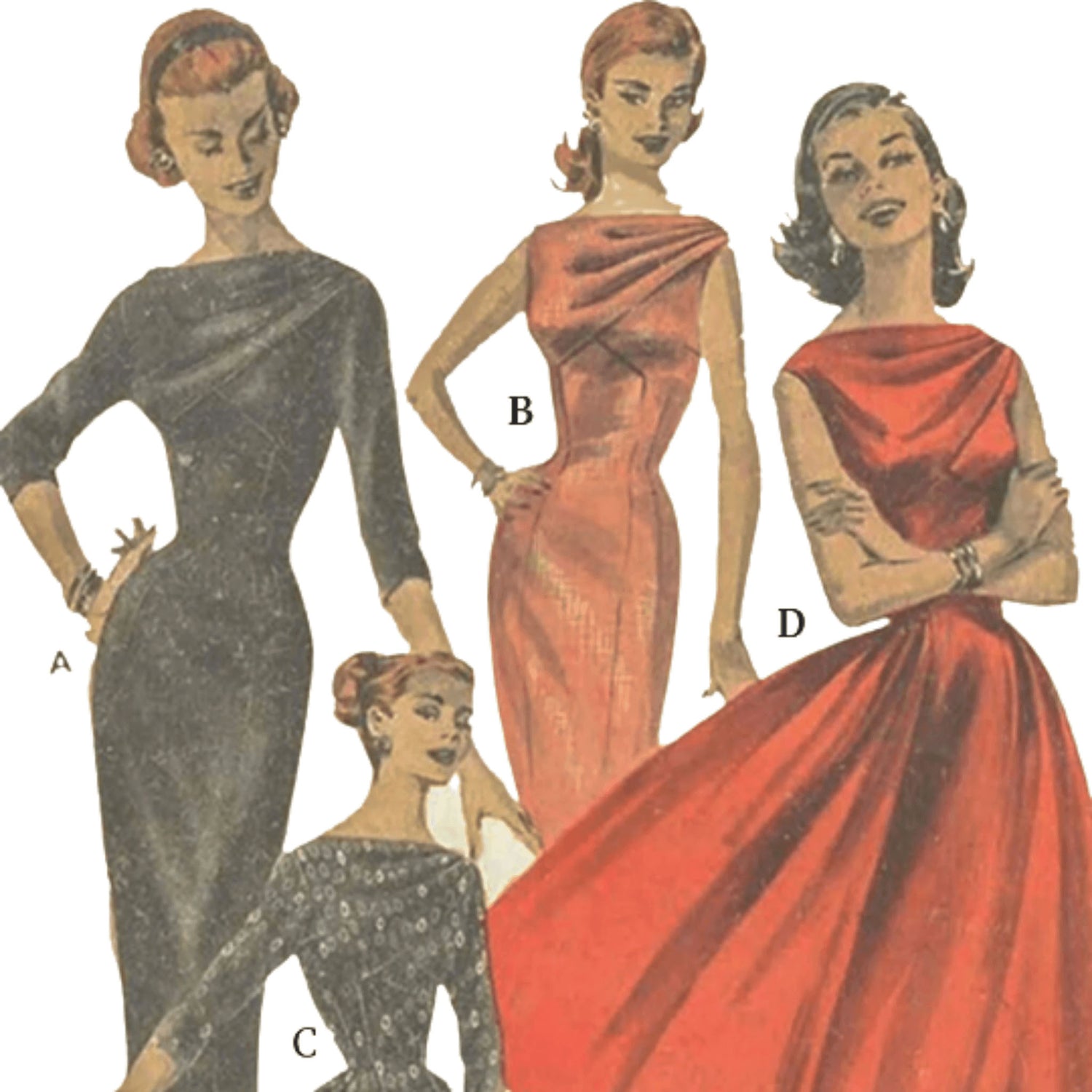 PDF - 1950s Pattern, Princess Line Dress in Four Elegant Styles - Multi sizes - Instantly Print at Home - Vintage Sewing Pattern Company