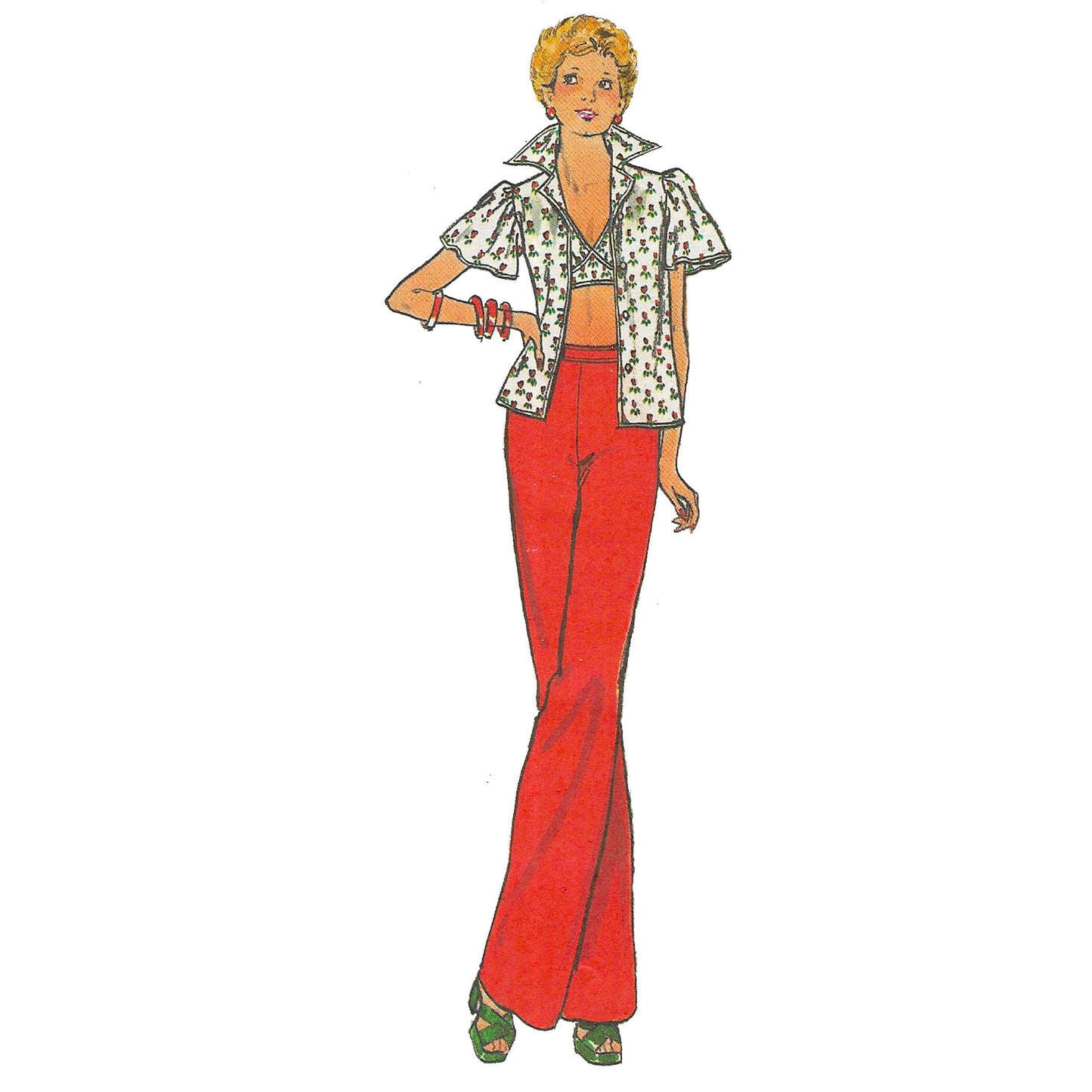 Model wearing 1970s blouse, halter top, skirt & pants made from Butterick 3700 pattern