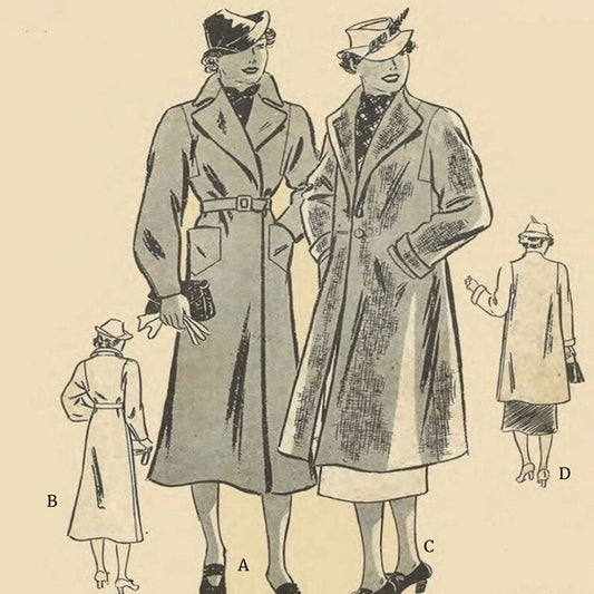 Two women wearing a 1930s swagger trench coat