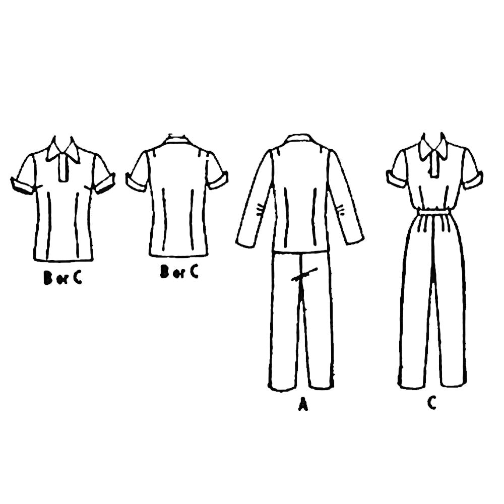Line drawing of tops and slacks.