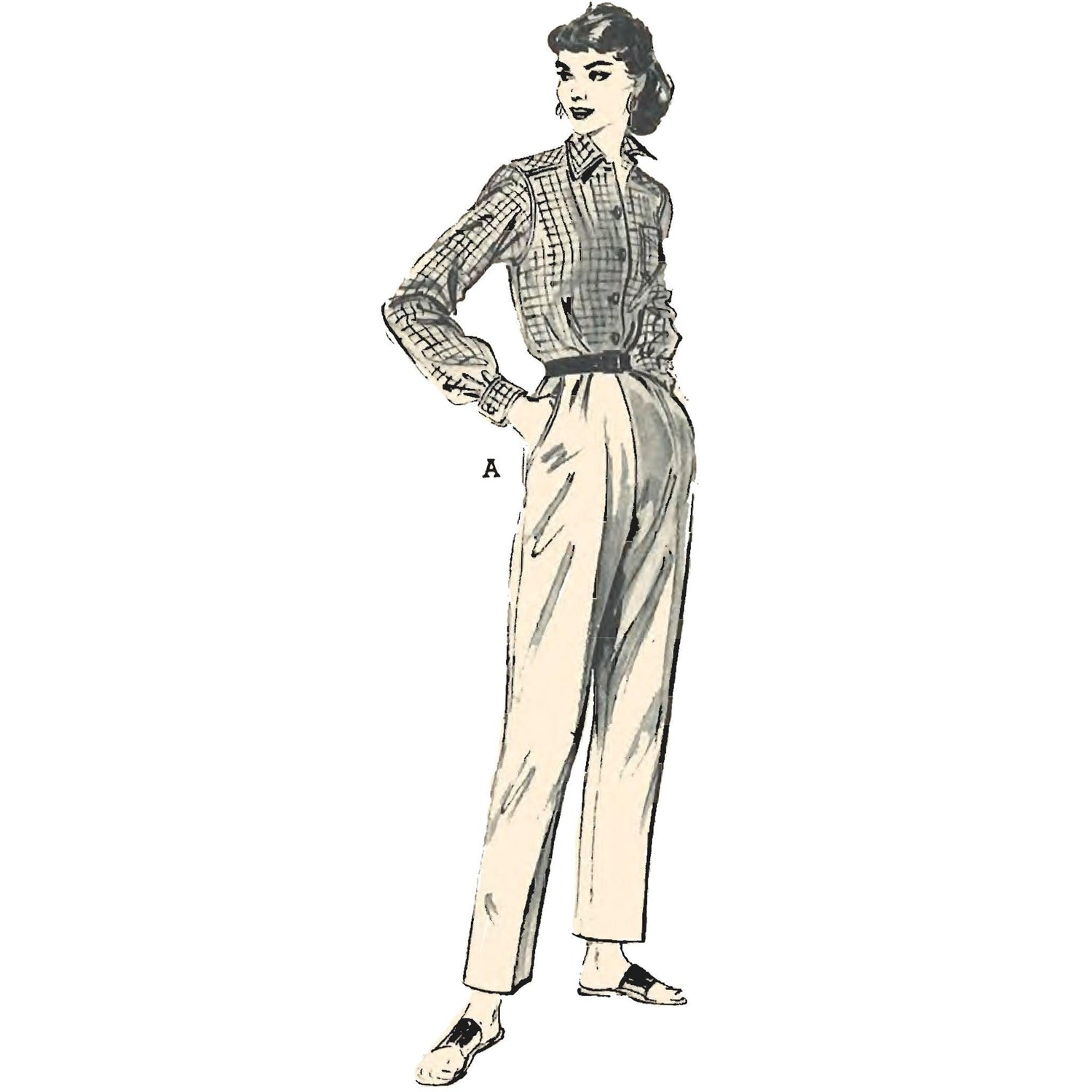 Woman wearing pedal pushers. Centre, front view, wearing cigarette pants. Right, back view, wearing cigarette pants. Made using Butterick 6592 sewing pattern