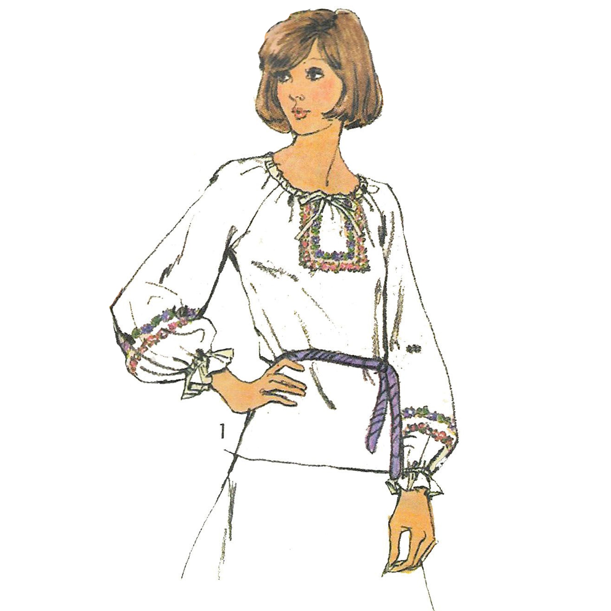 Model wearing 1970s blouses made from Simplicity 6412 pattern