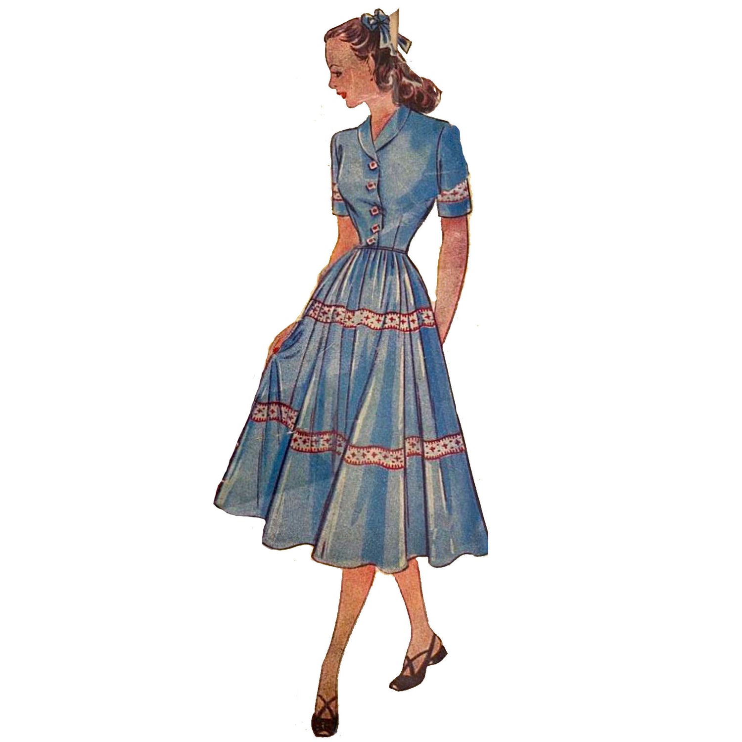 Model wearing 1940s dress made from Economy Design E197 pattern