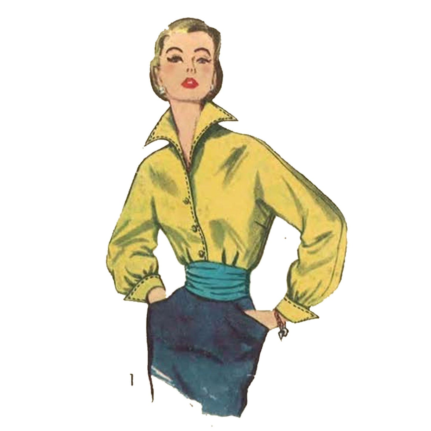 Woman wearing a yellow high collared 50s blouse.