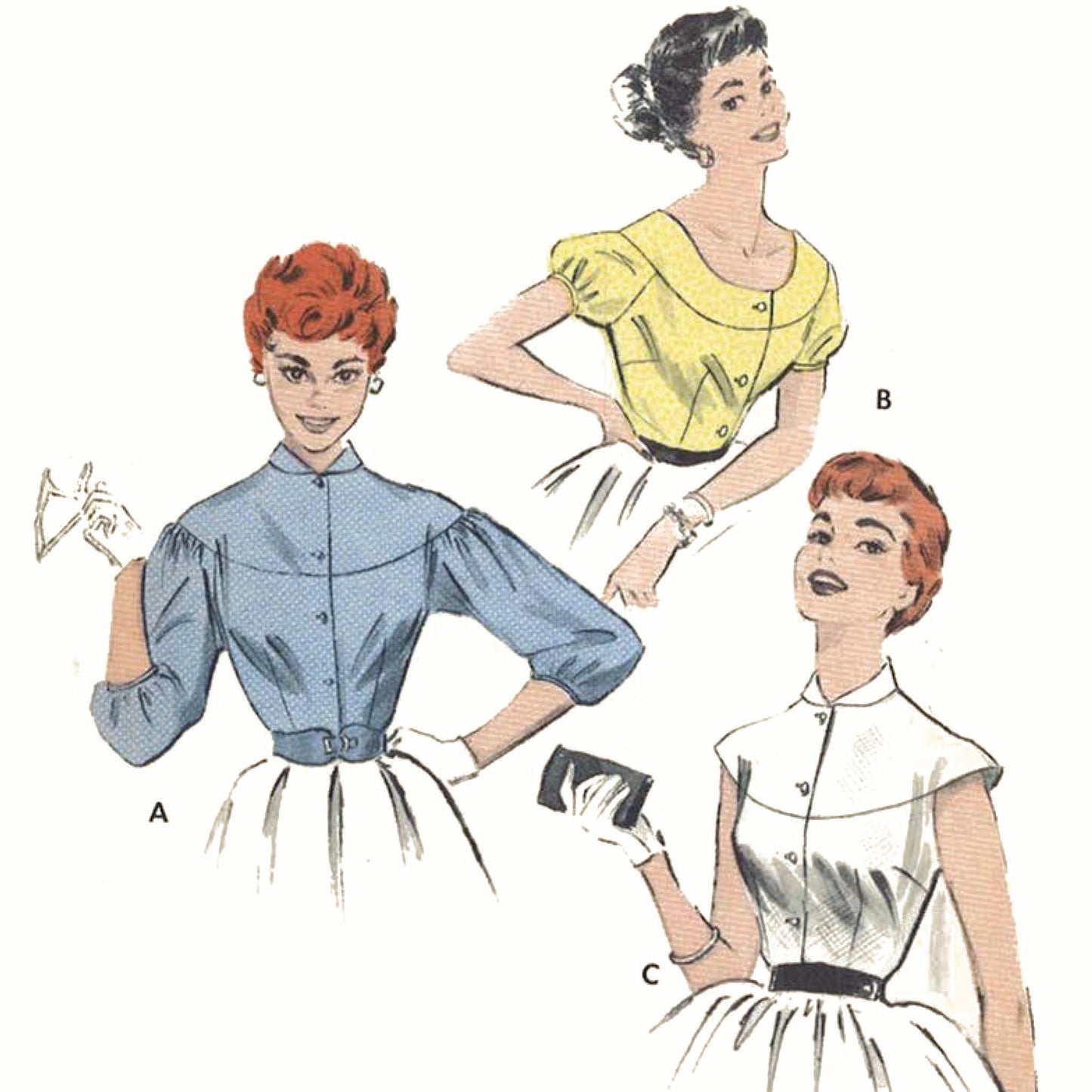 Models wearing 1950s blouse made from Butterick  7162 sewing pattern