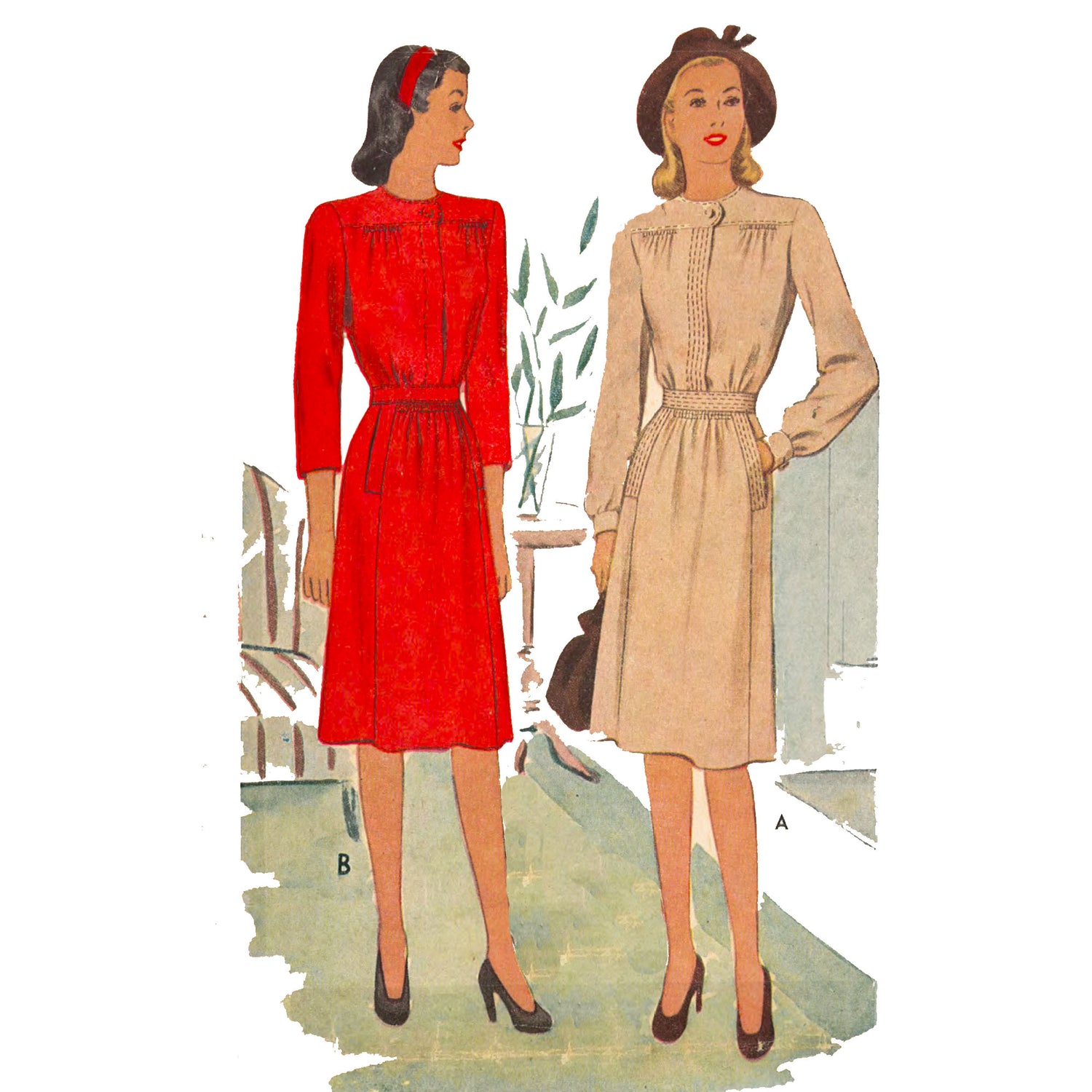Two women wearing a 1940s Day Dress