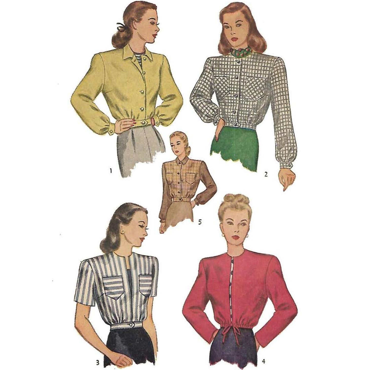 illustration of 5 women wearing landgirl lumber jackets
