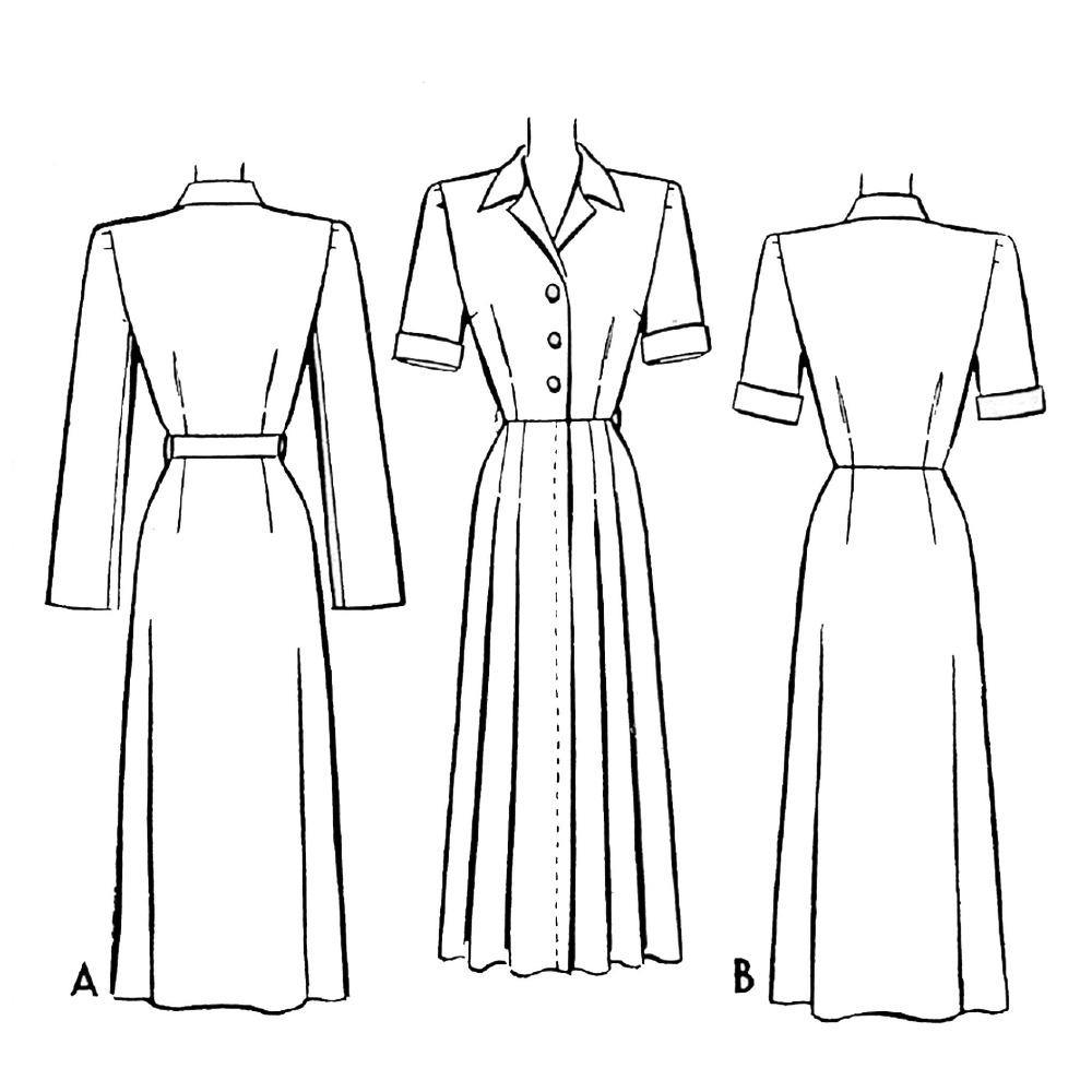 Line drawings of a 1940s Pattern, Women's House Coat, Dressing Gown