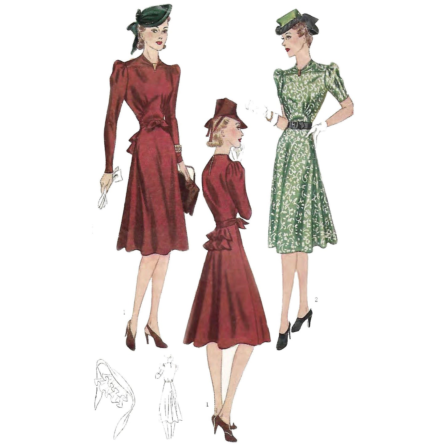 Women wearing 1940s gathered dress