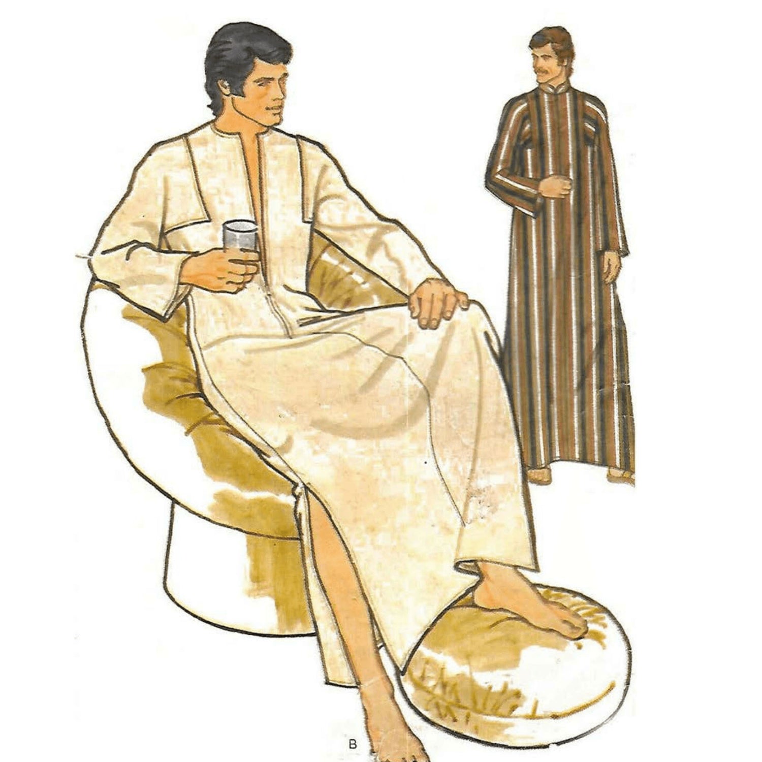 1960s/70s Pattern, Men's Loosing Fitting Kaftan/Kimono Robe - man wearing caftan