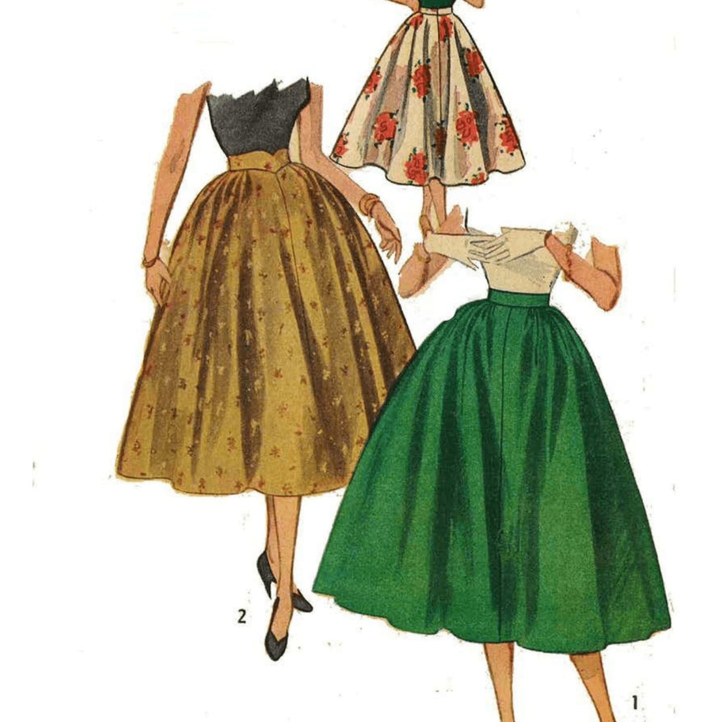 1950s Pattern, Full Circle Skirt, Swing, Rockabilly pattern illustrations in floral fabric, gold brocade and forrest green fabric. Made using sewing pattern Simplicity 4278