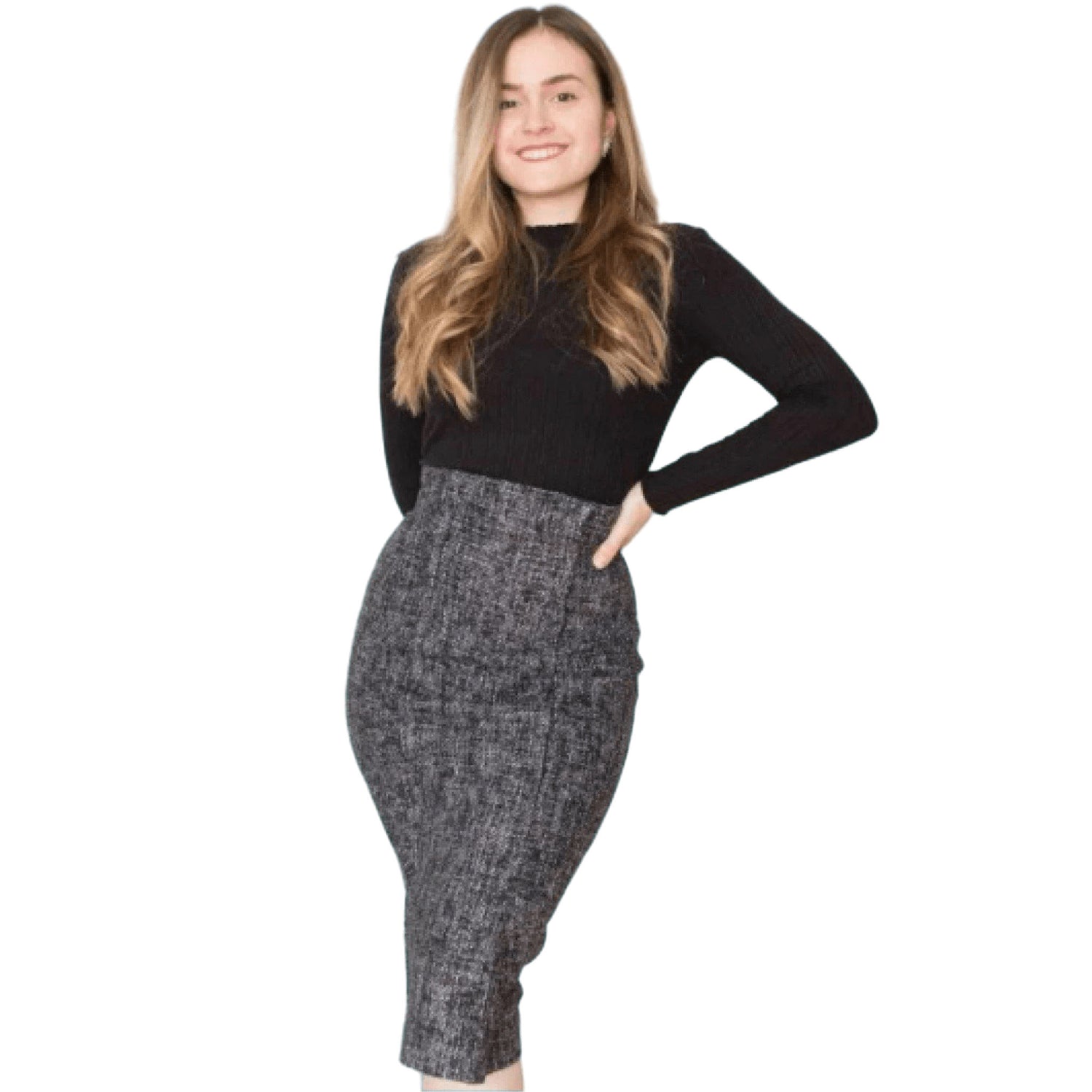 Women on a while background wearing a grey knee length pencil skirt and black long sleeve top.