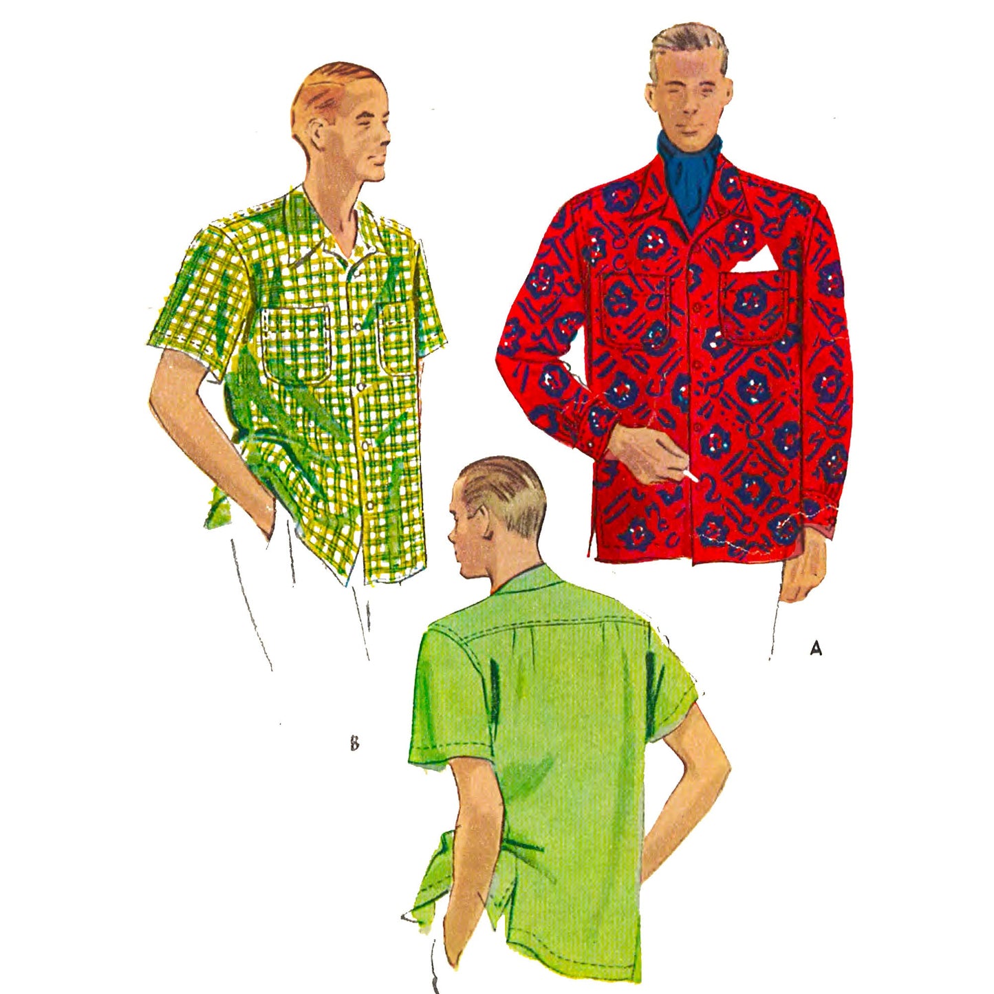 3 men wearing shirts made from McCall's 7906 sewing pattern, front and back views.
