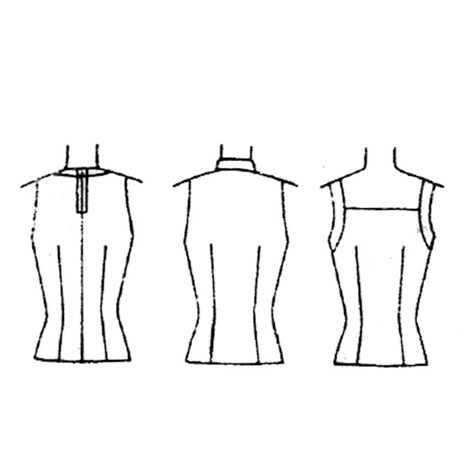 Line drawings of back views of 3 tops.