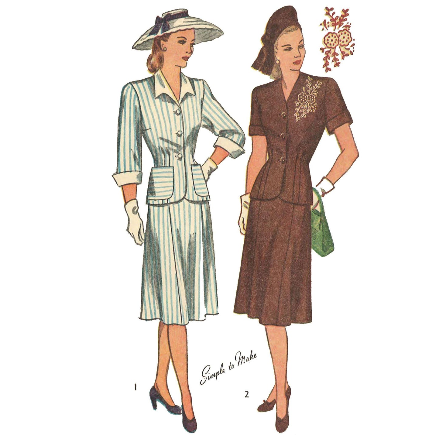 Two women wearing jacket and skirt with long and short sleeves.