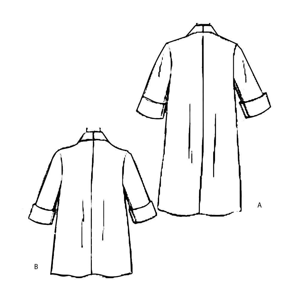 Line drawings of back view of coat showing short and long variations with cuffs.