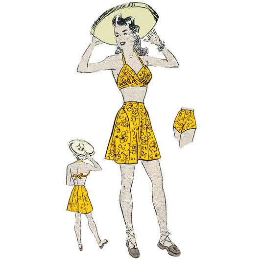 Women wearing beachwear made from Weldons 123 sewing pattern.