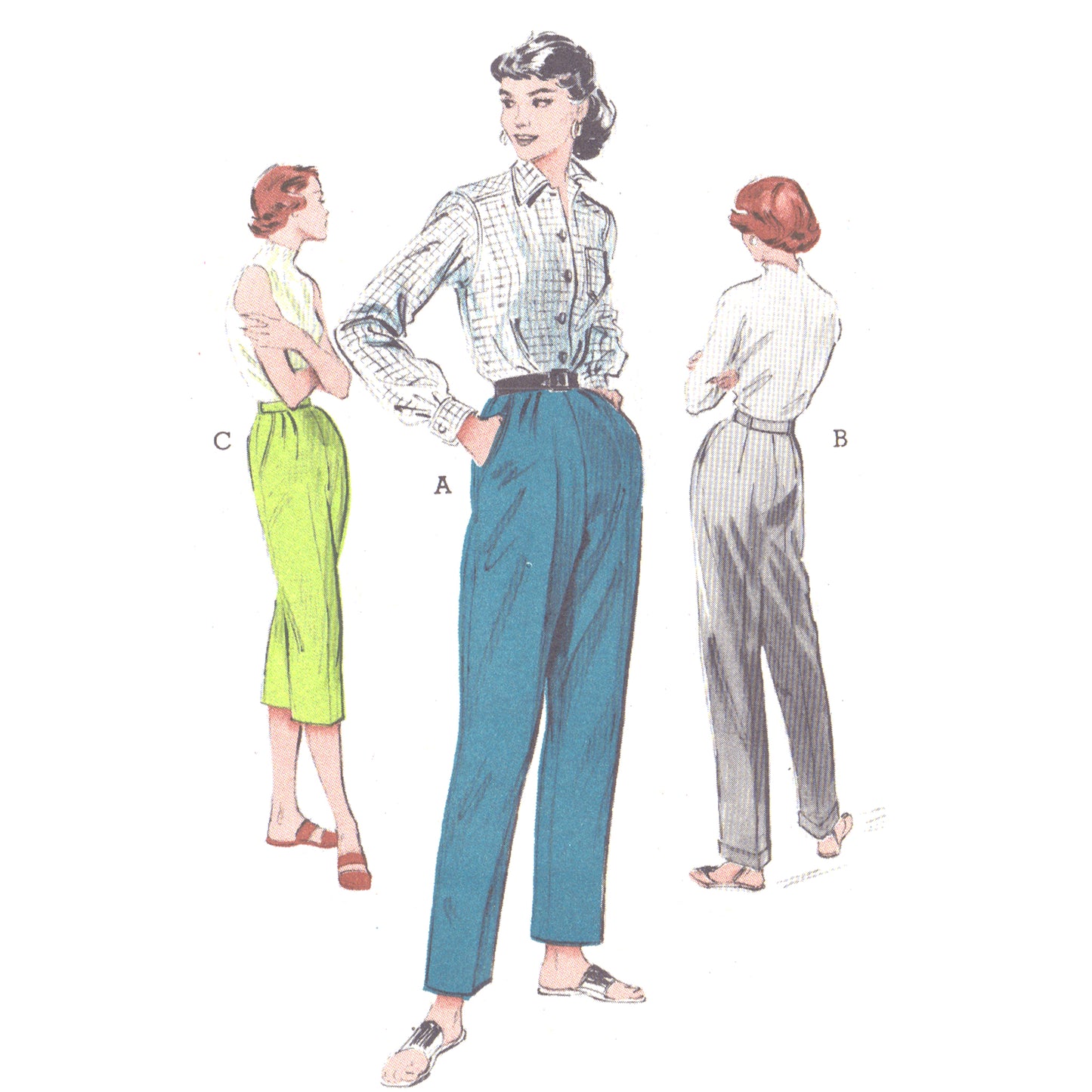 Three women. Left, side on view, wearing pedal pushers. Centre, front view, wearing cigarette pants. Right, back view, wearing cigarette pants.