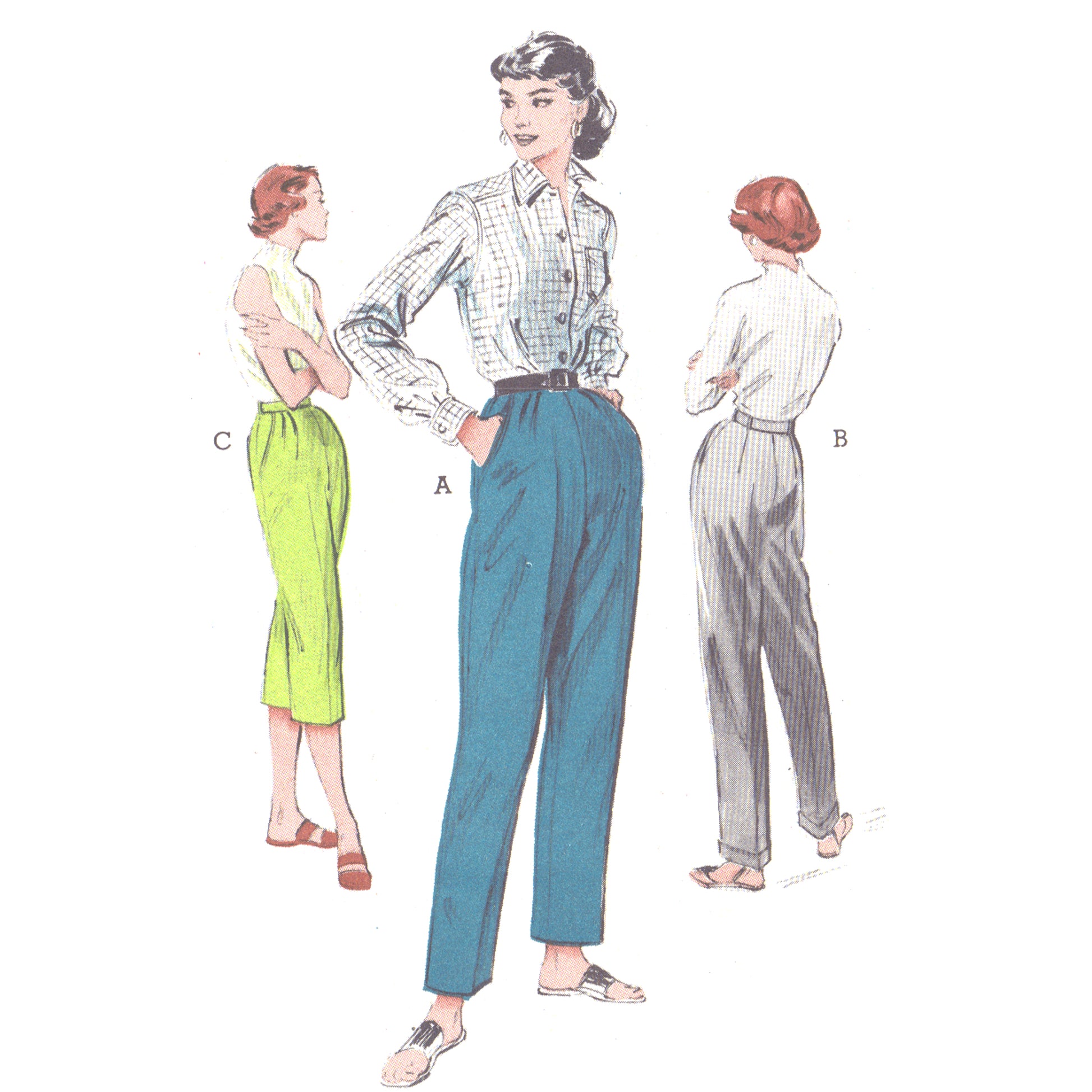 Three women. Left, side on view, wearing pedal pushers. Centre, front view, wearing cigarette pants. Right, back view, wearing cigarette pants. Made using Butterick 6592 sewing pattern