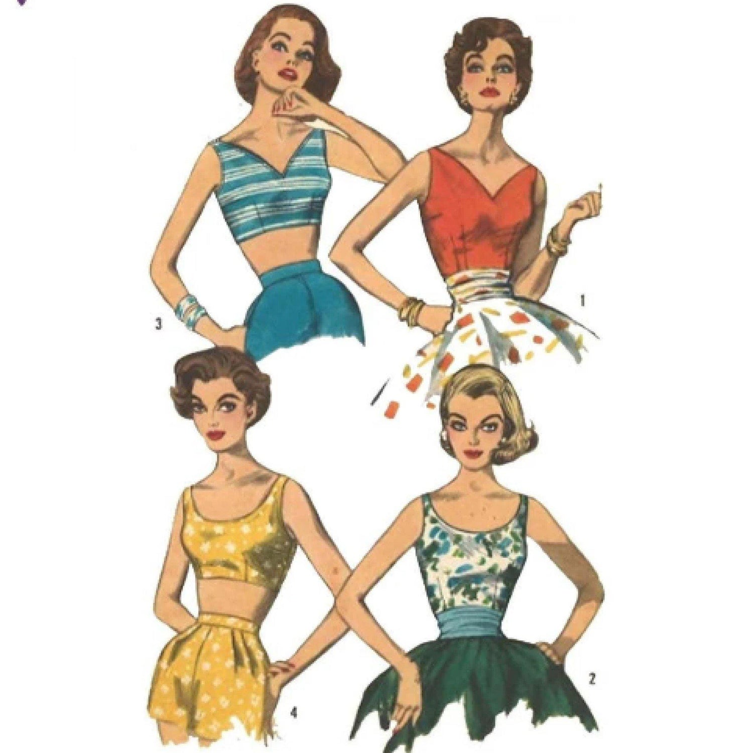 4 1950s ladies in a fashion illusration wearing dart fitted summer tops. Sleeveless ans with a curved v neckline or deep scooped neckline.