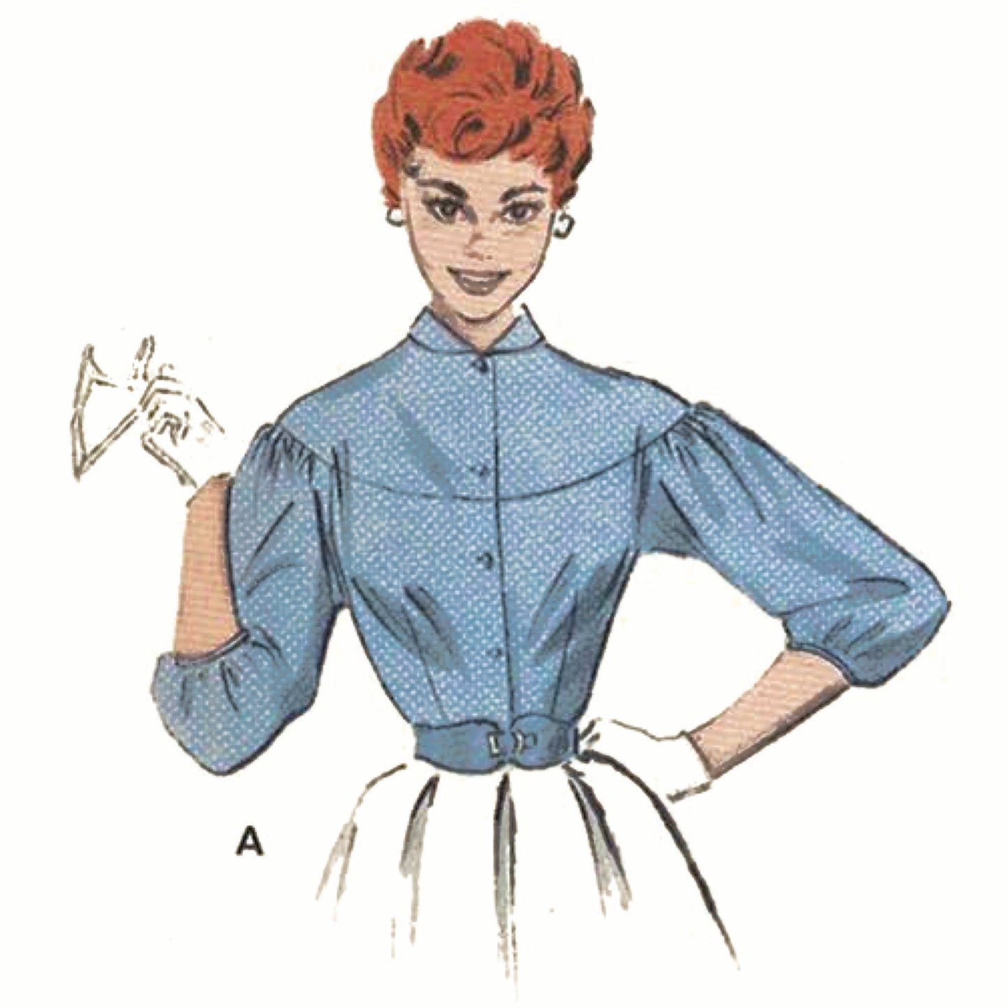 Model wearing 1950s blouse made from Butterick 7162 sewing pattern