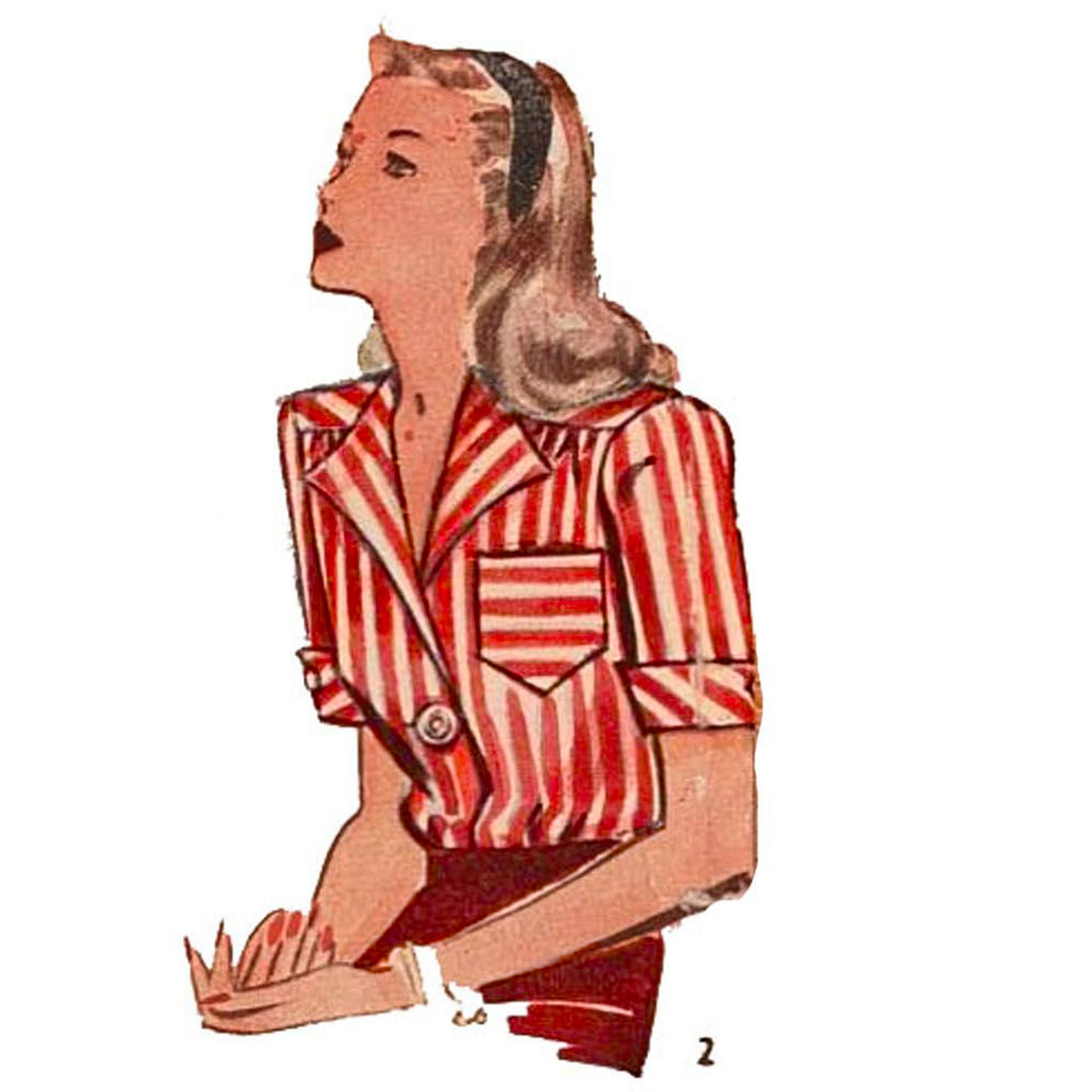 Model wearing 1940s women’s blouse made from Simplicity 1170 pattern