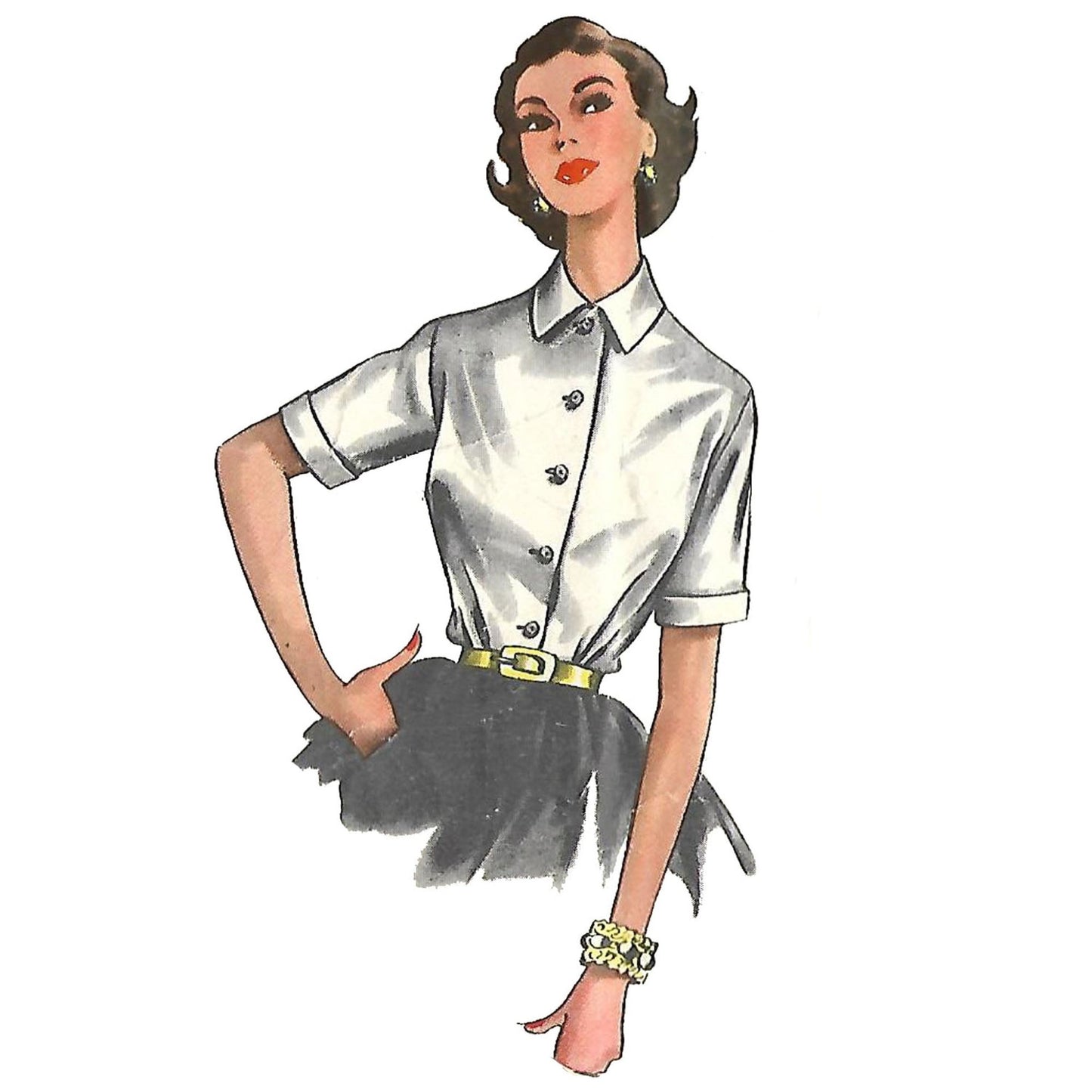 Model wearing 1940s blouse made from Economy Design E86 pattern