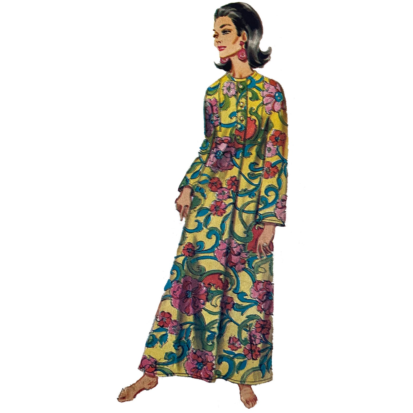 Model wearing dress or caftan made from Butterick 4238 pattern