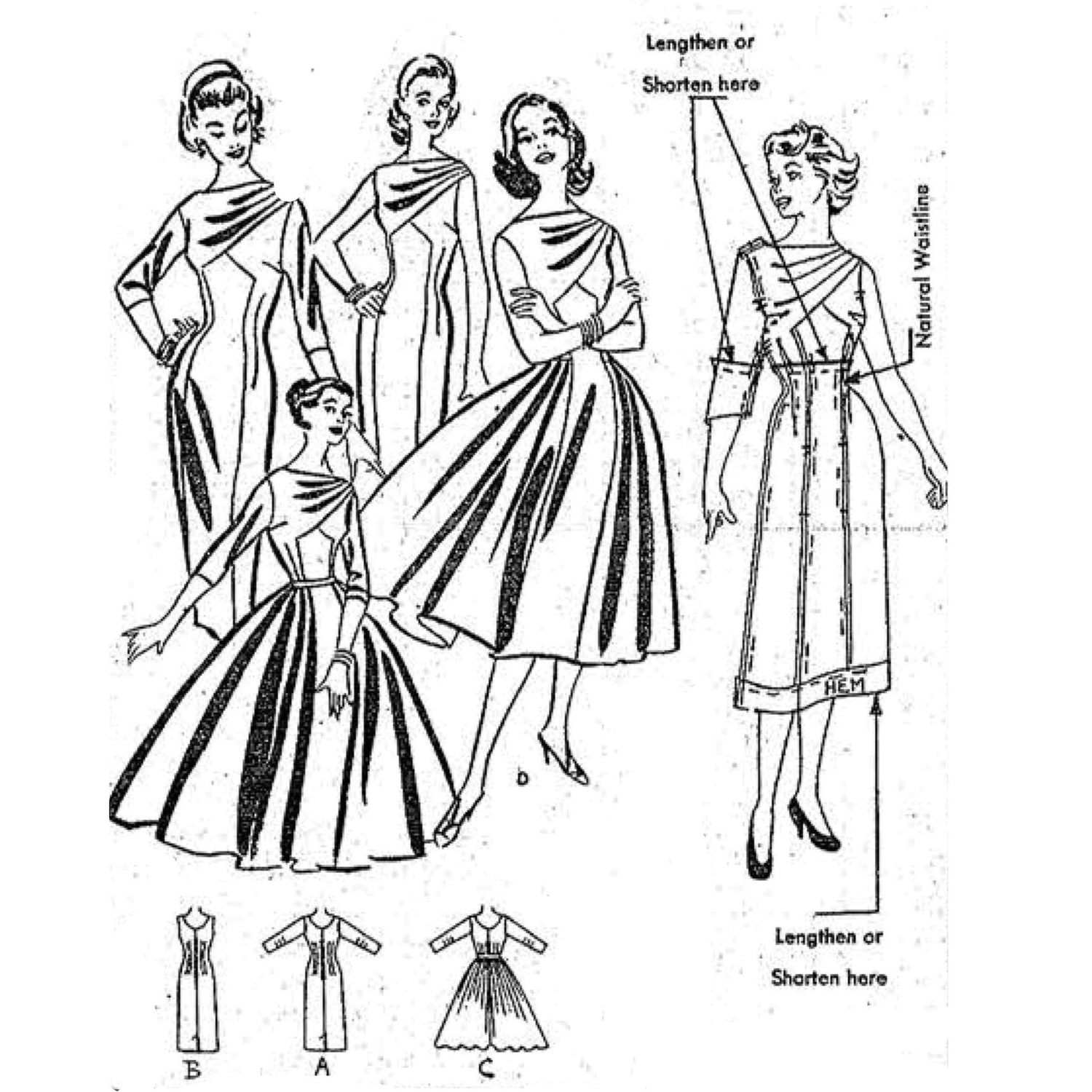 PDF - 1950s Pattern, Princess Line Dress in Four Elegant Styles - Multi sizes - Instantly Print at Home 4 women in dresses